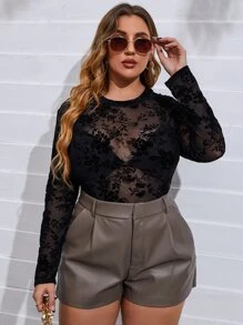 Top de cuello redondo transparente con encaje - Negro - Ver 4