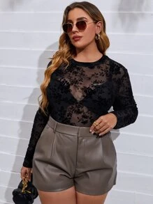 Top de cuello redondo transparente con encaje - Negro - Ver 5