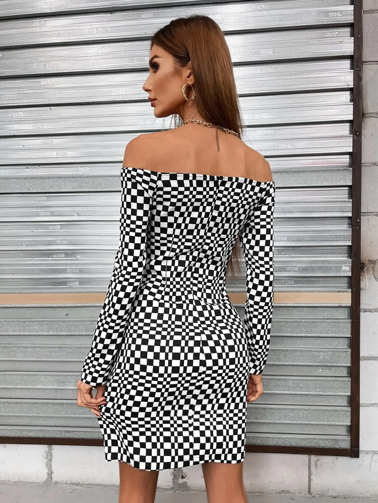 Random Checked Print Off-Shoulder Bodycon Dress Fall Cloth For Women