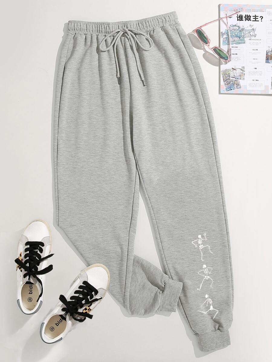 Women Skull Print Joggers - Light Grey - View 1