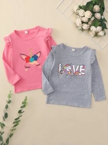 SHEIN Niñas 2 piezas Camiseta con estampado de slogan y dibujos animados ribete con fruncido - Multicolor - Ver 1