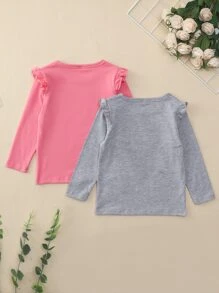 SHEIN Niñas 2 piezas Camiseta con estampado de slogan y dibujos animados ribete con fruncido - Multicolor - Ver 2
