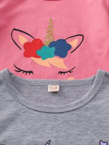 SHEIN Niñas 2 piezas Camiseta con estampado de slogan y dibujos animados ribete con fruncido - Multicolor - Ver 3