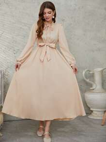 繫帶領燈籠袖腰帶洋裝