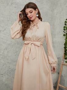 繫帶領燈籠袖腰帶洋裝