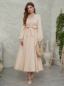 繫帶領燈籠袖腰帶洋裝