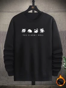 Manfinity 男士標語和熊貓印花保暖套頭衫 - 黑色 - 查看 1