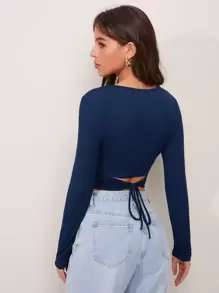 Firerie Áo thun nữ Buộc lại màu trơn Giải trí - Màu xanh hải quân - Xem 2