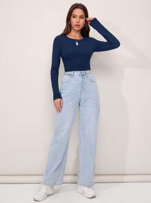 Firerie Áo thun nữ Buộc lại màu trơn Giải trí - Màu xanh hải quân - Xem 3