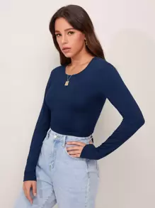 Firerie Áo thun nữ Buộc lại màu trơn Giải trí - Màu xanh hải quân - Xem 4