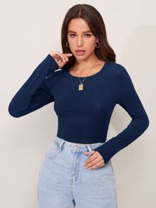 Firerie Áo thun nữ Buộc lại màu trơn Giải trí - Màu xanh hải quân - Xem 5