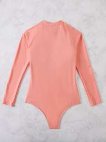 Rashguard con bloqueo de color y cierre frontal de cremallera, para vacaciones de verano en la playa - Naranja Coral - Ver 2
