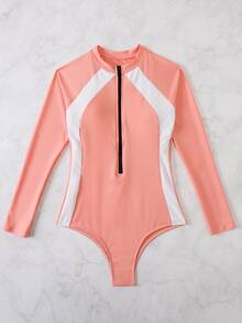 Rashguard con bloqueo de color y cierre frontal de cremallera, para vacaciones de verano en la playa - Naranja Coral - Ver 3