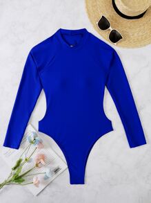 Cut-Out Stand Collar One Piece Swimsuit, For Summer Beach Vacation - Royal Blue - View 2