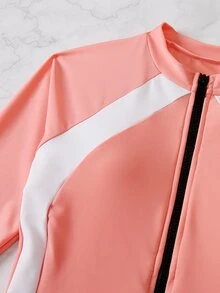 Rashguard con bloqueo de color y cierre frontal de cremallera, para vacaciones de verano en la playa - Naranja Coral - Ver 6