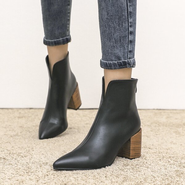 

Back Zipper Point Toe Stacked Block Heel Boots, Black
