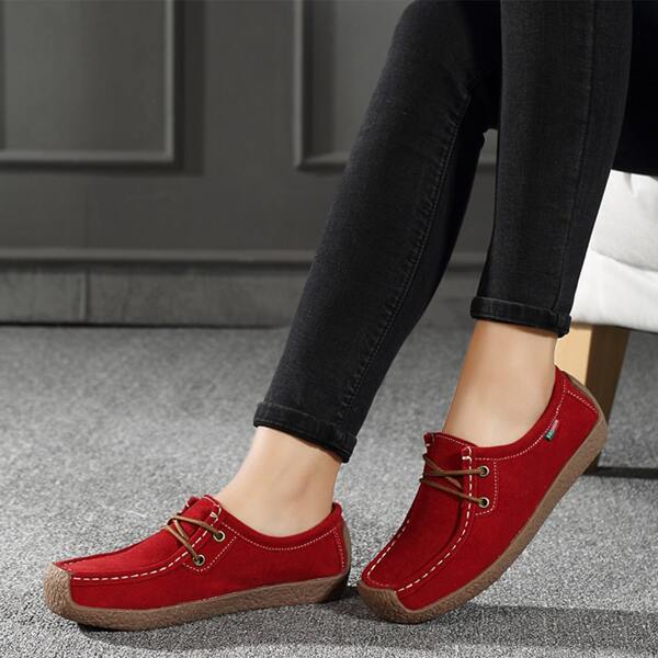 

Stitch Detail Square Toe Flats, Red