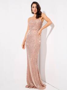 LOVE&LEMONADE Floor Length Sequin Prom Dress - Dusty Pink - View 4