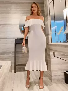 SHEIN SXY Bardot Ruffle Trim Mermaid Dress Wedding Guest Dress Women Bridal Shower Dress White,Prom Dress,Prom Dress