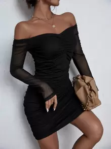 Firerie Vestido ajustado de hombros descubiertos panel con malla fruncido - Negro - Ver 1