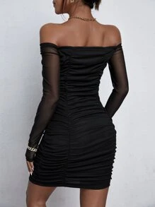 Firerie Vestido ajustado de hombros descubiertos panel con malla fruncido - Negro - Ver 2