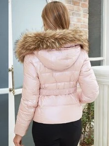 ZIAI Women's Casual Solid Shiny Winter Jacket, New Fashion Belted Slim Fit Thick Jacket, Women's Short Down Jacket With Faux Fur Collar, Fashionable Holiday Choice - Baby Pink - View 5