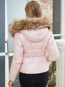 ZIAI Chaqueta casual de mujer con cintura ajustable, cuello de piel corto y para invierno