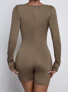 SHEIN Essnce 素色大圓領彈力緊身連體短褲 - 摩卡棕 - 查看 2