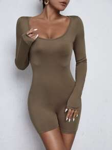 SHEIN Essnce 素色大圓領彈力緊身連體短褲 - 摩卡棕 - 查看 5