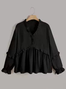 SHEIN Unity Plus Frill Trim Flounce Sleeve Blouse Peplum Top - Black - View 1