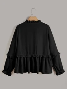 SHEIN Unity Plus Frill Trim Flounce Sleeve Blouse Peplum Top - Black - View 2