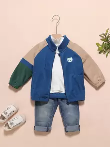 Toddler Boys Cartoon Embroidery Raglan Sleeve Colourblock Fleece Jacket - Multicolor - View 1