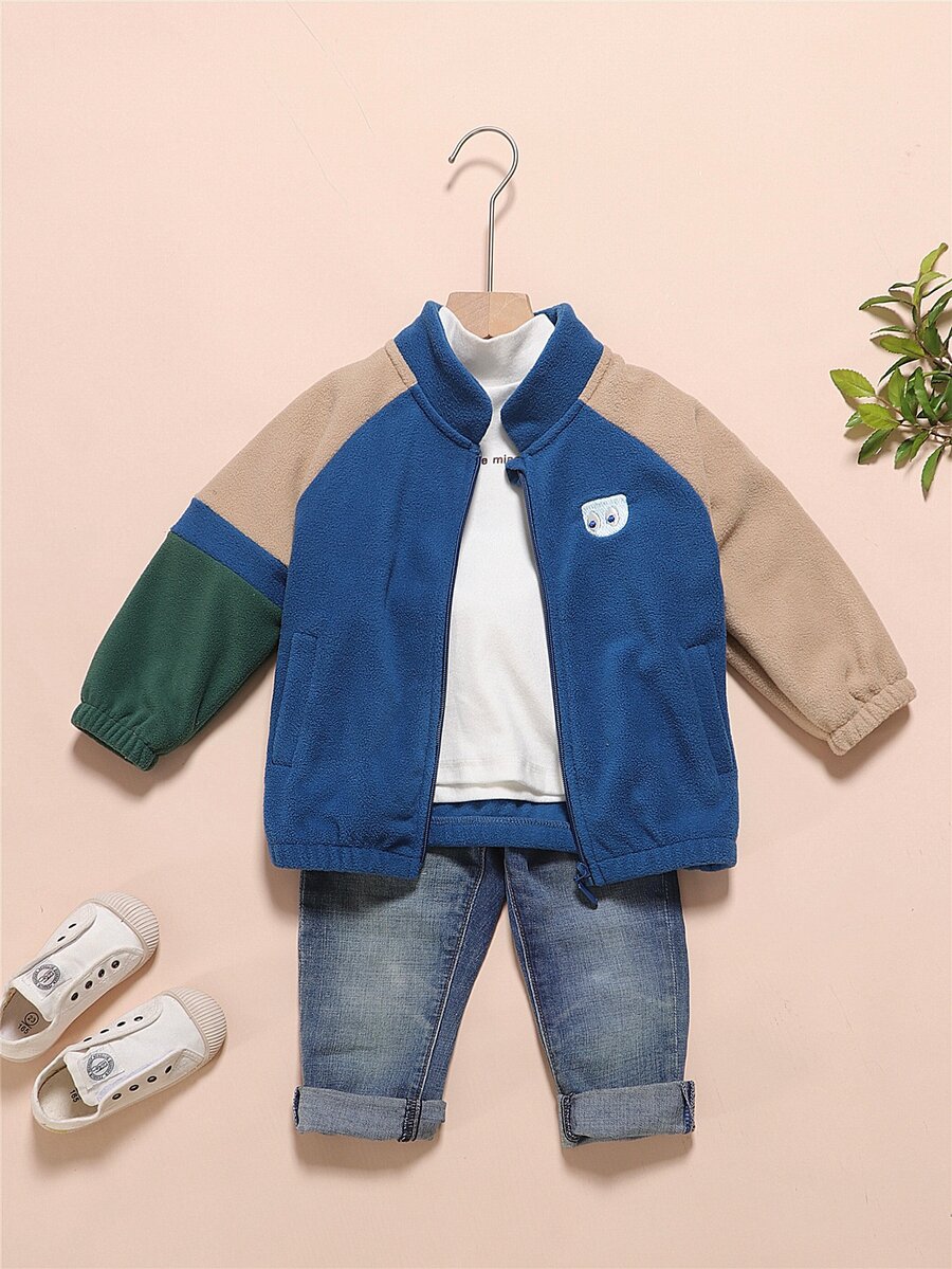 Toddler Boys Cartoon Embroidery Raglan Sleeve Colourblock Fleece Jacket - Multicolor - View 1