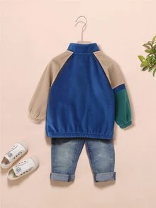 Toddler Boys Cartoon Embroidery Raglan Sleeve Colourblock Fleece Jacket - Multicolor - View 2