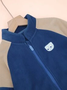 Toddler Boys Cartoon Embroidery Raglan Sleeve Colourblock Fleece Jacket - Multicolor - View 3