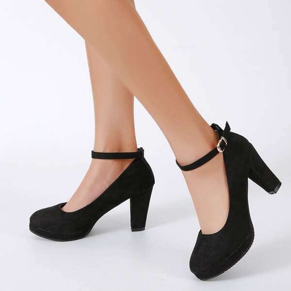 

Suede Platform Ankle Strap Pumps, Black