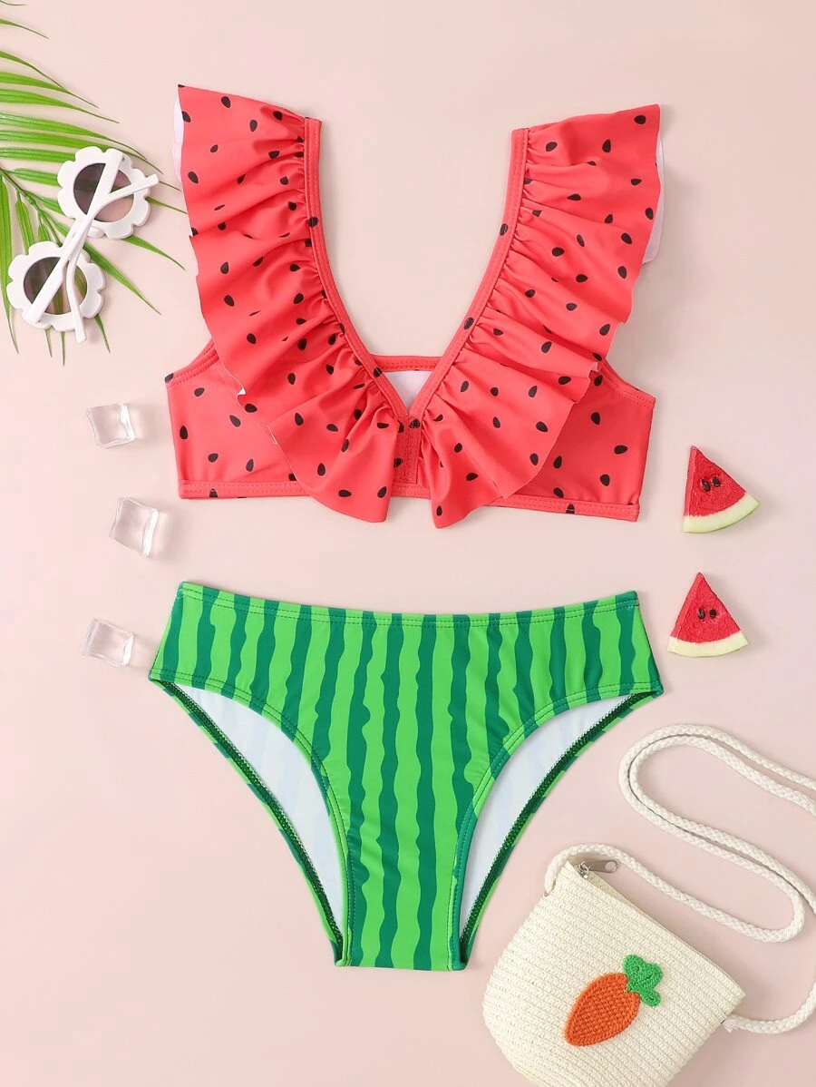 Conjunto de bikini con estampado de sandía y volantes para niña preadolescente, ideal para la playa de verano - Multicolor - Ver 1
