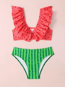 Conjunto de bikini con estampado de sandía y volantes para niña preadolescente, ideal para la playa de verano - Multicolor - Ver 3