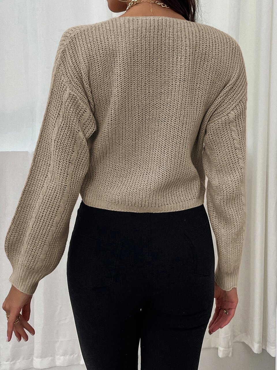 Lantern Sleeve Drawstring Ruched Front Sweater Knit Pullover Fall Winter