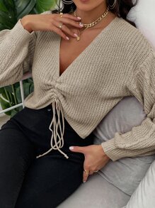 EMERY ROSE Lantern Sleeve Drawstring Ruched Front Jumper - Khaki - View 5