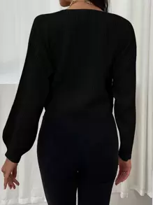 EMERY ROSE Lantern Sleeve Drawstring Ruched Front Jumper - Black - View 2