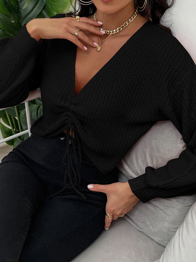 EMERY ROSE Fashionable Casual Versatile Short Deep V-Neck Drawstring Dropped Shoulder Loose Women Pullover Sweater, Autumn/Winter - Black - View 3