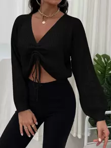 EMERY ROSE Lantern Sleeve Drawstring Ruched Front Jumper - Black - View 4