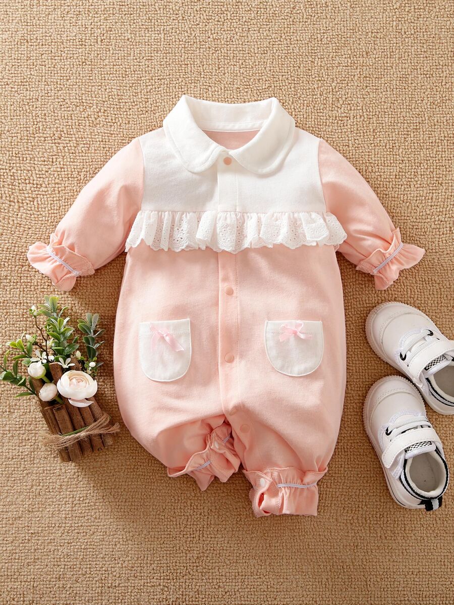 Yierying Áo liền quần Em bé Nơ Bướm Nghề thêu Nút giả Túi giả Khối Màu Dễ thương - Màu Hồng baby - Xem 1