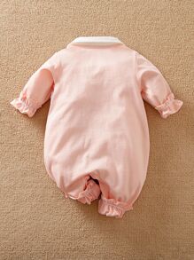 Yierying Áo liền quần Em bé Nơ Bướm Nghề thêu Nút giả Túi giả Khối Màu Dễ thương - Màu Hồng baby - Xem 2