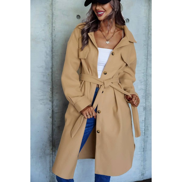 

Flap Detail Drop Shoulder Belted Overcoat, Khaki