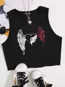SHEIN Unity Heart & Wings Print Tank Top - Black - View 1
