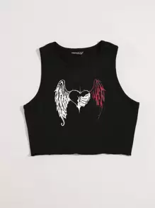 SHEIN Unity Heart & Wings Print Tank Top - Black - View 3