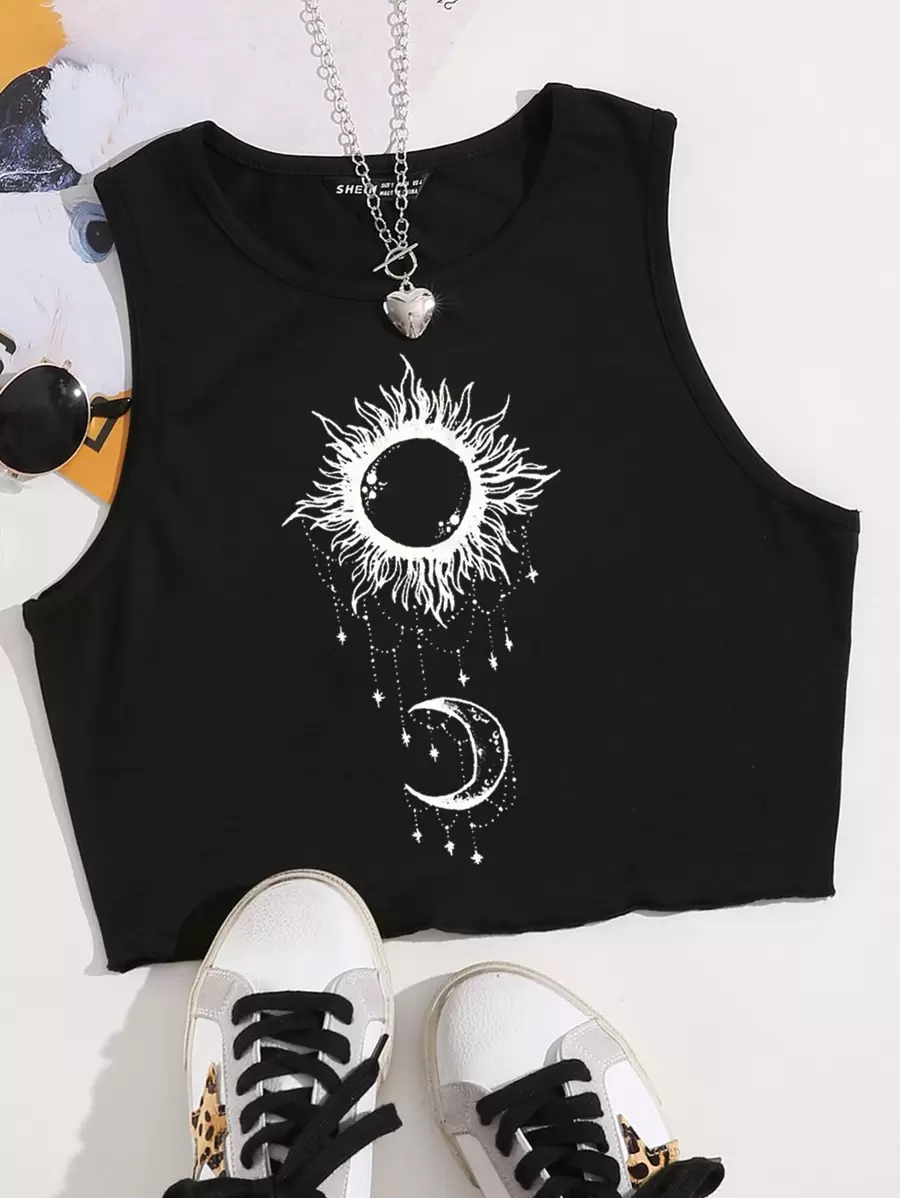 SHEIN MOOSTA Parte superior corta con estampado de sol y luna, camiseta gráfica para mujeres