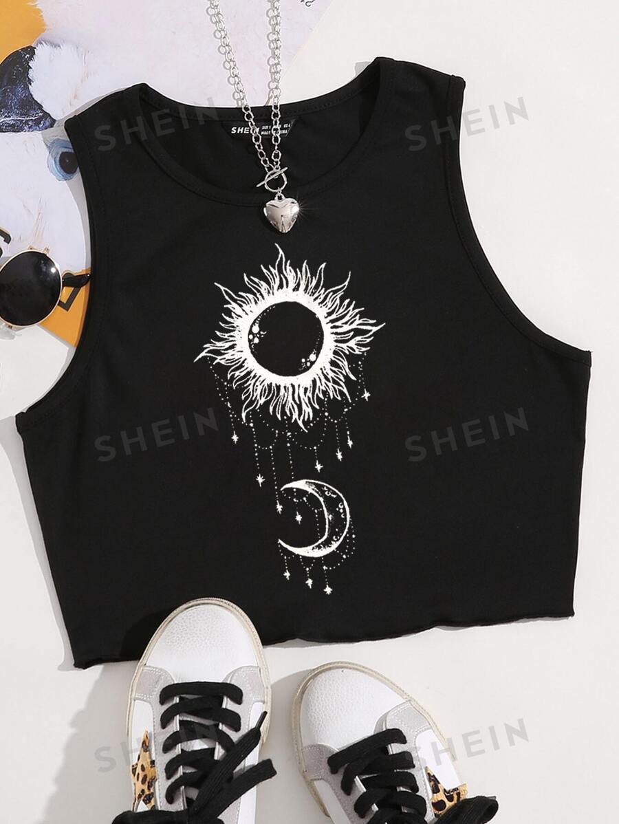 SHEIN Unity Camiseta corta con estampado de sol y luna para mujeres - Negro - Ver 1